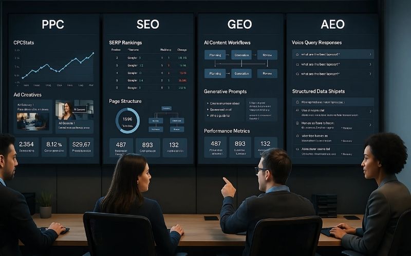 Blog Banner_The 4 Pillars of Modern Online Visibility How PPC, SEO, GEO & AEO Work Together