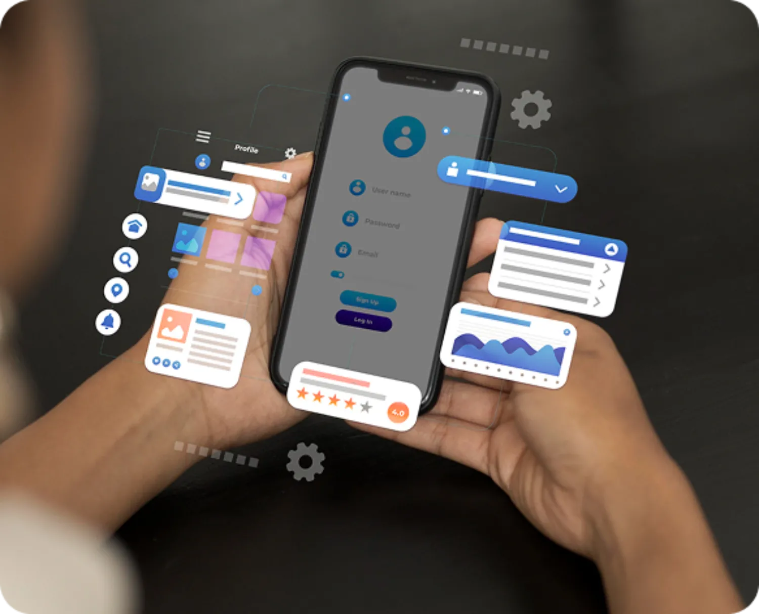 Secure login screen with floating app interface elements, showcasing professional app development Melbourne for scalable business solutions.