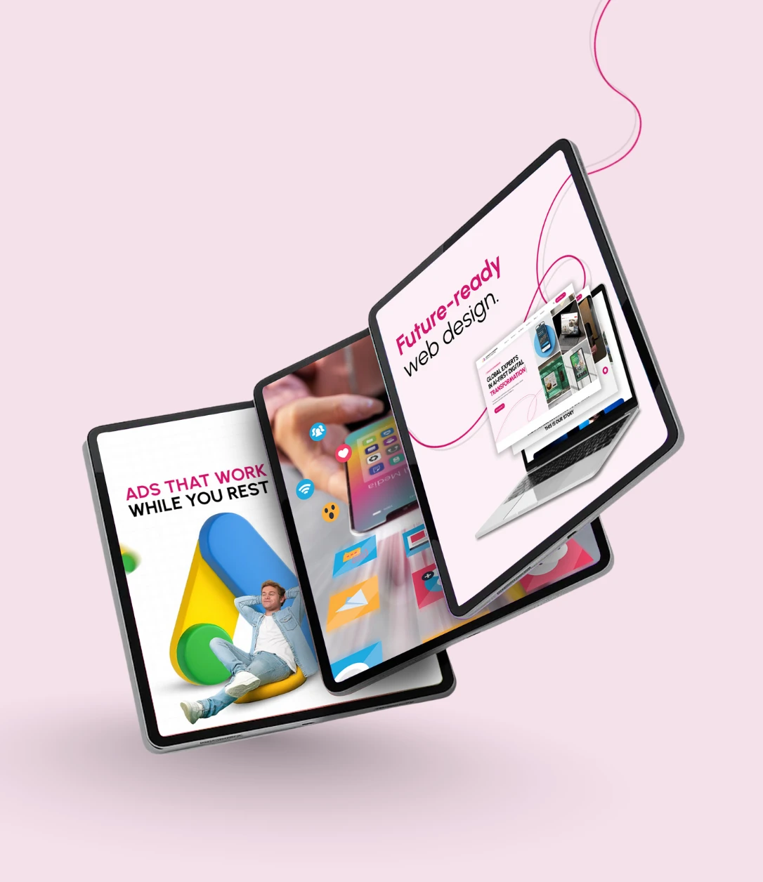 Dynamic screens showing ads, mobile apps, and high-performance website, highlighting AI-enabled web design and development that drives conversions.