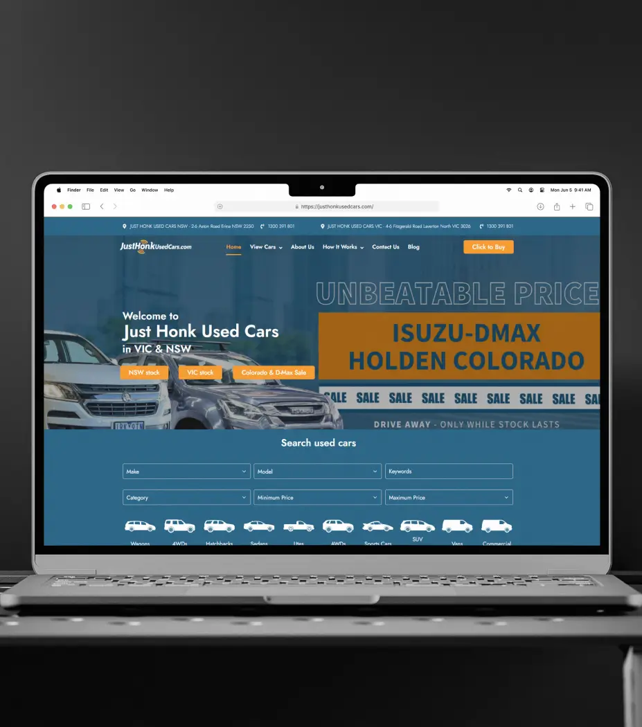 A used car dealership website with listings and search tools, demonstrating how web development agency can build a used car website.